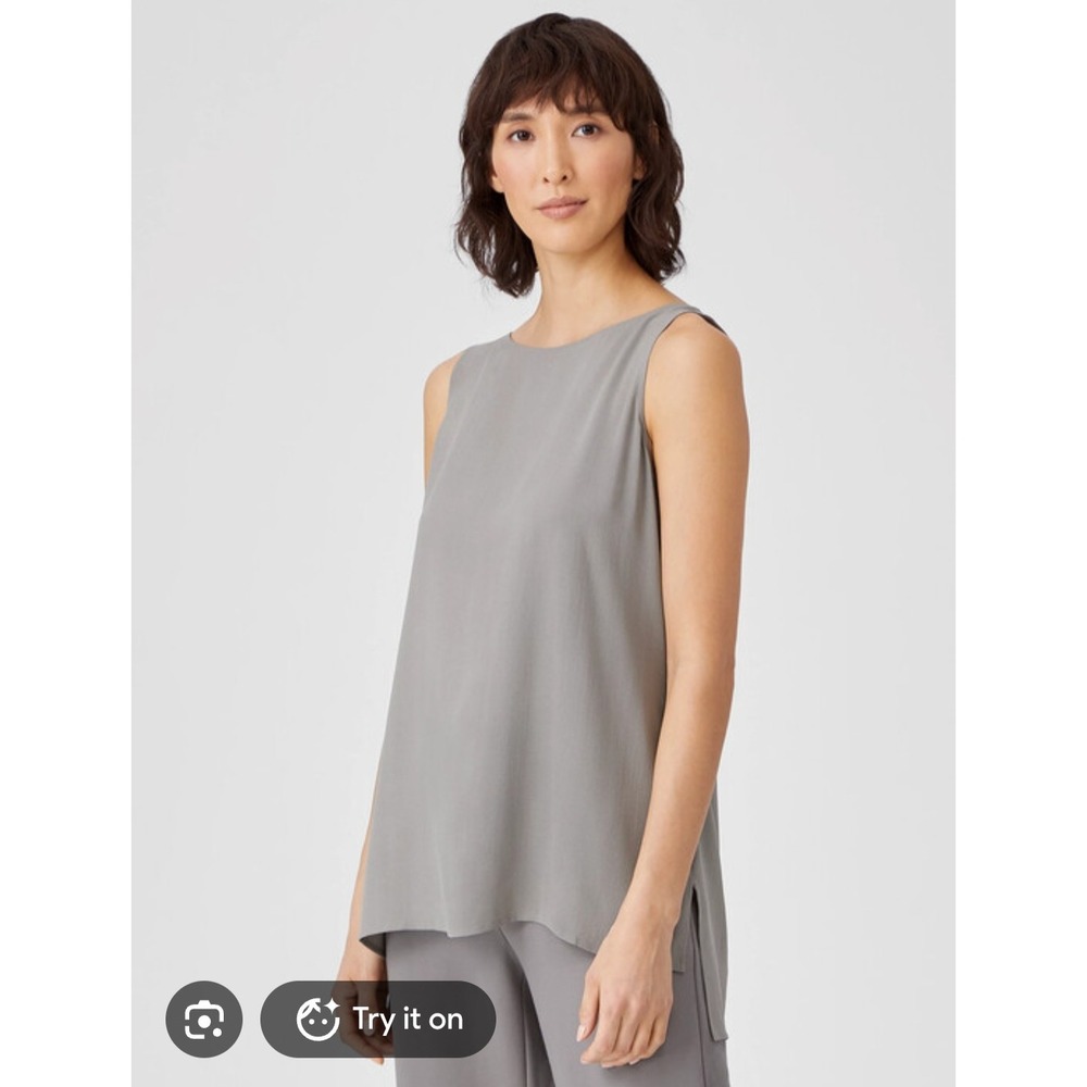 Eileen Fisher Silk Tunic Top Womens M Grey Excellent High-Low Sleeveless Slit